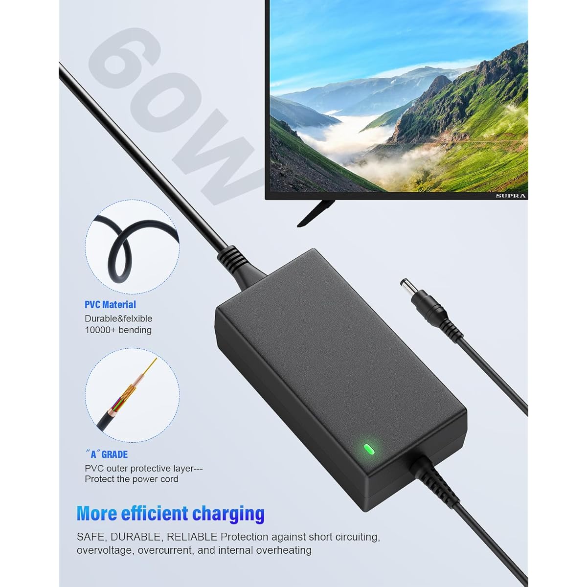 12V Power Cord Sceptre AOC for Dell Monitor Power Cable 12V 5A AC/DC Adapter Charger Scepter 19" 20" 22" 24" 25" 27" 30" 32" Series LED Supersonic Monitor Charger