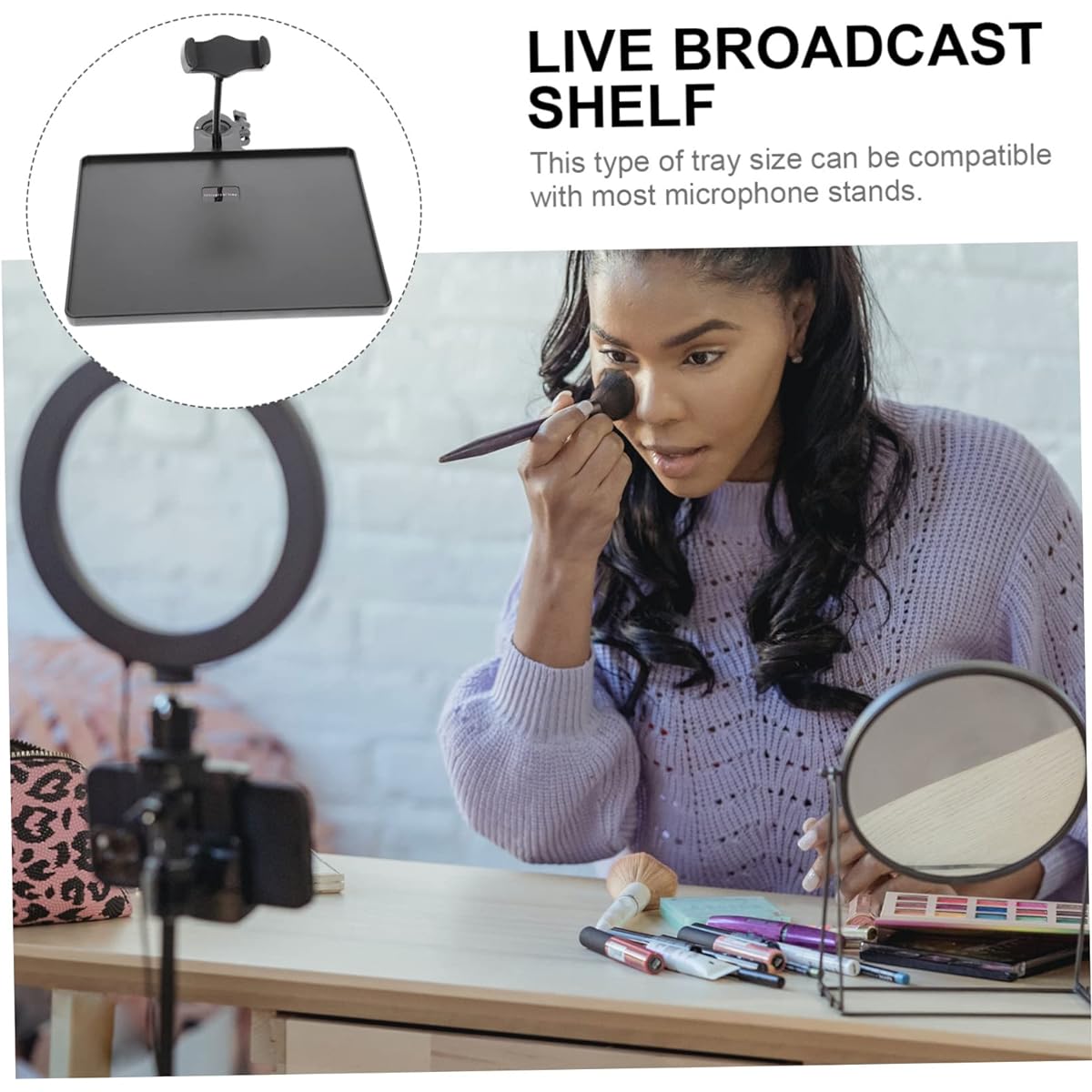 Parliky Broadcast Chat On Sound Adjustable Alloy Tray Stand Recording Microphone with Shelf Clamp On Cell Phone Holder Phone Card Microphone Bracket Streaming Room Music Universal Rack Live Clamp