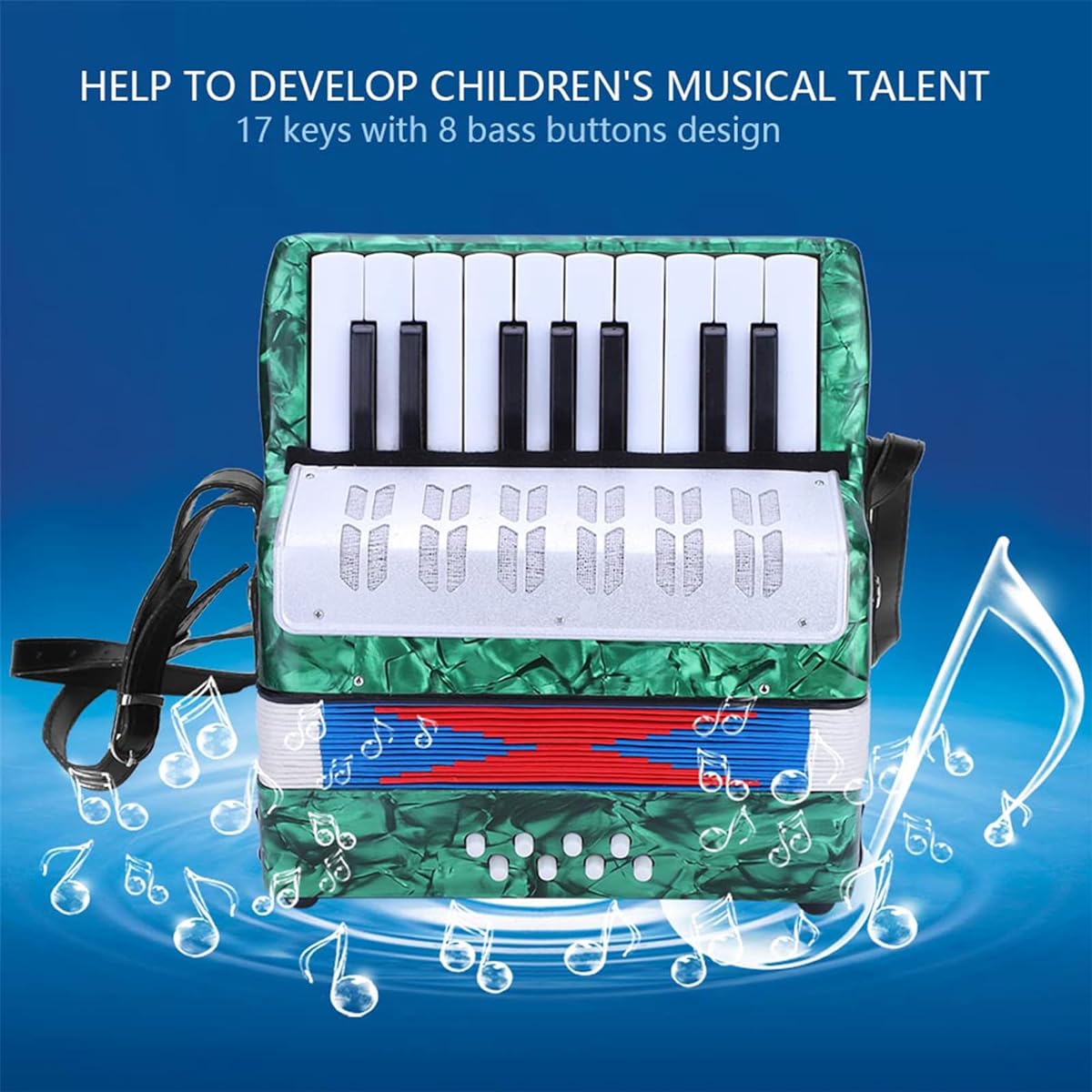 17 Keys 8 Base Button Accordion Lightweight Musical Instrument with Adjustable Straps Portable Accordion for Beginners/Students (Green)