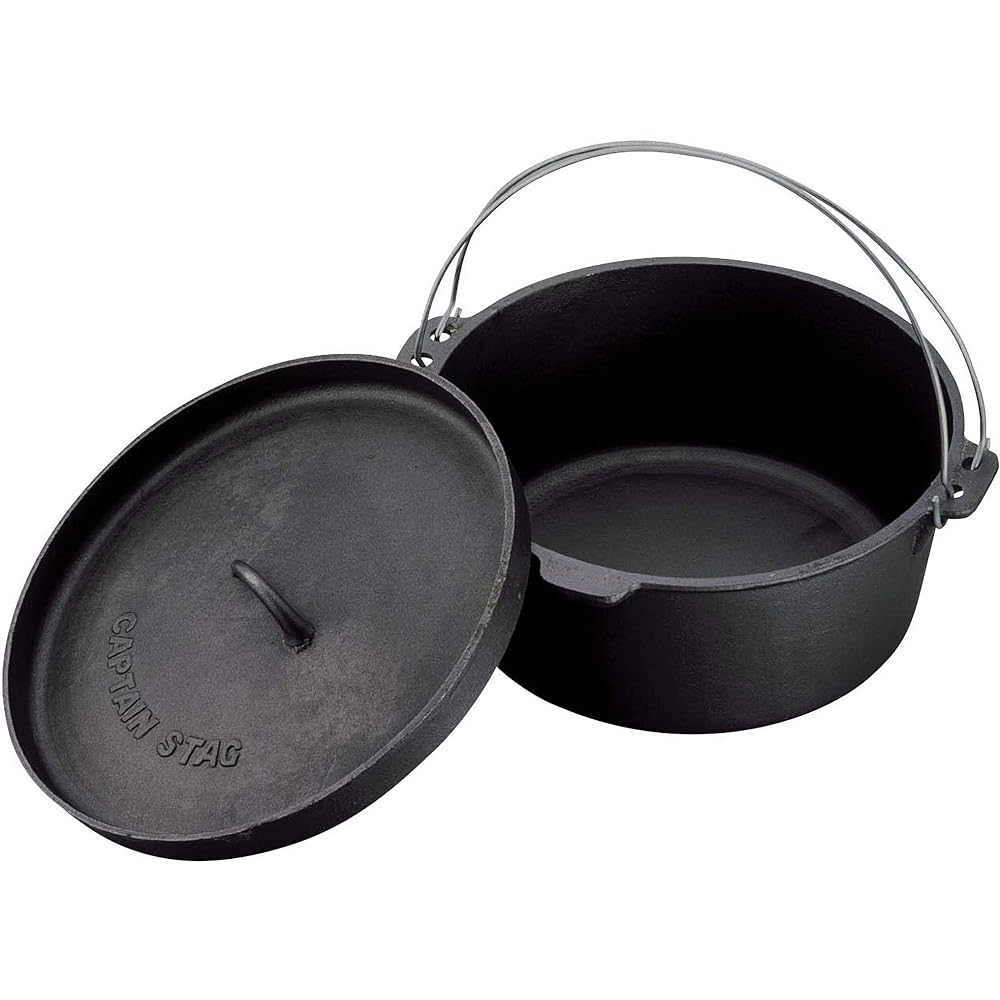 CAPTAIN STAG Dutch oven set, cast iron, no seasoning required, lid lifter and storage bag included