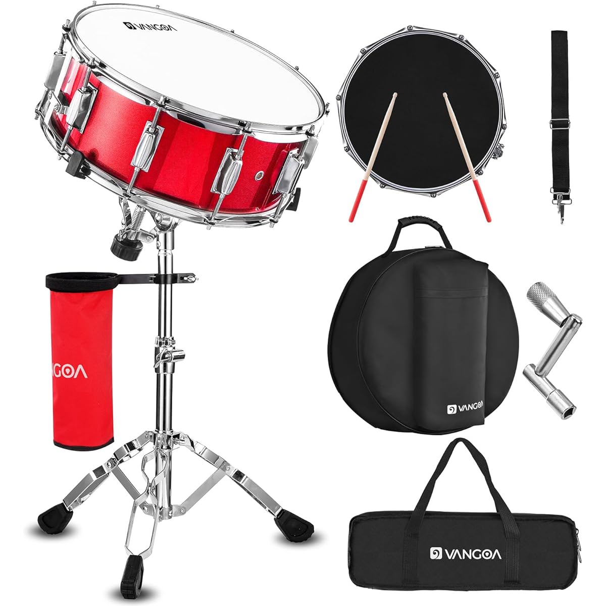Vangoa Snare Drum Set Student Snare Drum Kit with Stand Drum Mute Pad 5A Drumsticks Drum Key Sticks 14" x 5.5" Red