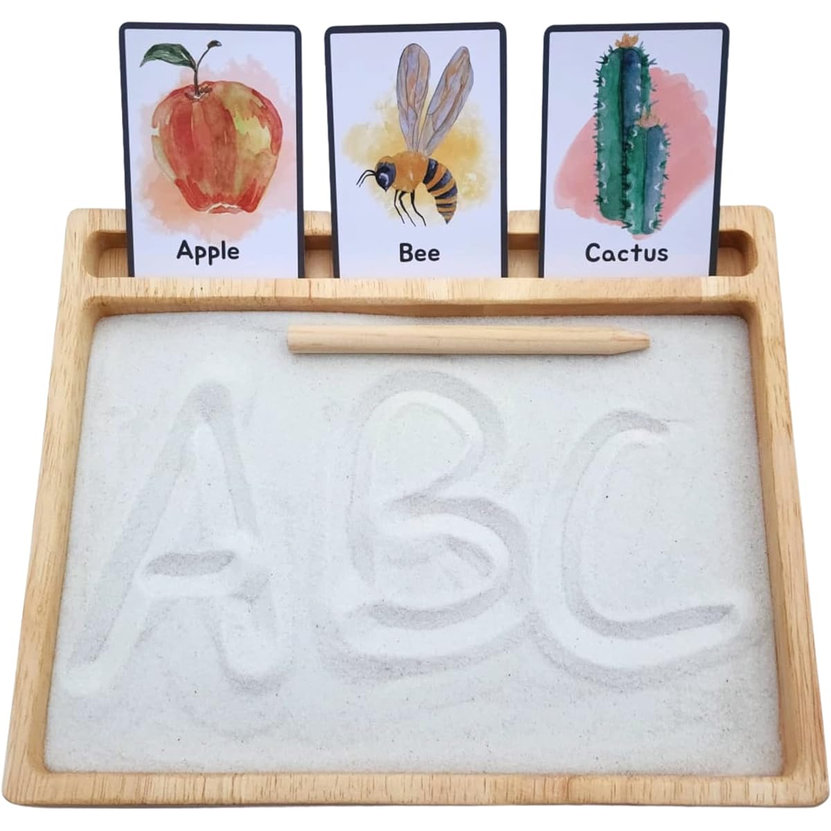 Montessori Sand Tray with Flash Card Holder and Flash Cards | Sand and Wooden Stylus | Sensory Bin | Tactile & Sensory Toys | Wooden Learning and Educational Toys | Montessori Toys