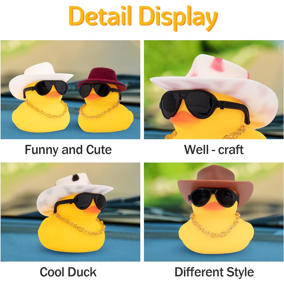 wonuu Rubber Duck Car Ornament Yellow Duck Car Dashboard Decoration with Propeller Helmet Christmas Decoration Home Decoration for Adults Z-Black Spots White Cowboy Hat