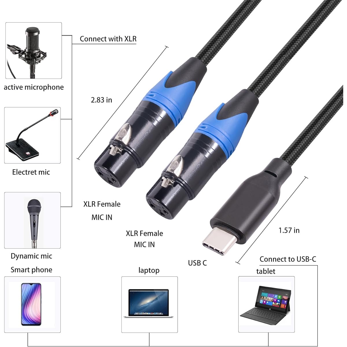 USB C to Dual XLR Female Cable 10ft USB C to 2 XLR Female Adapter Dual Microphone Input USB C Audio Cable for Recording USB C to Dual XLR Female Cable Compatible with Smartphones, MacBooks and more