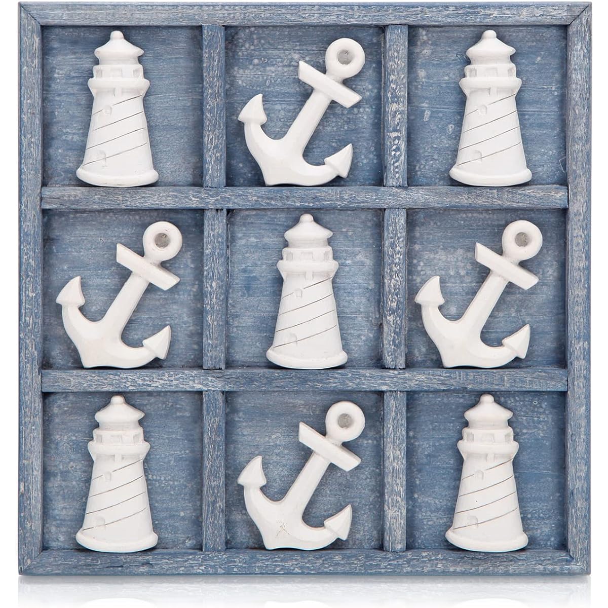 NIKKY HOME Beach Tic Tac Toe Wooden Game 5 Anchors & 5 Lighthouses Wooden Board Travel Game for Kids Family Coastal Home Coffee Table Decor Antique Blue