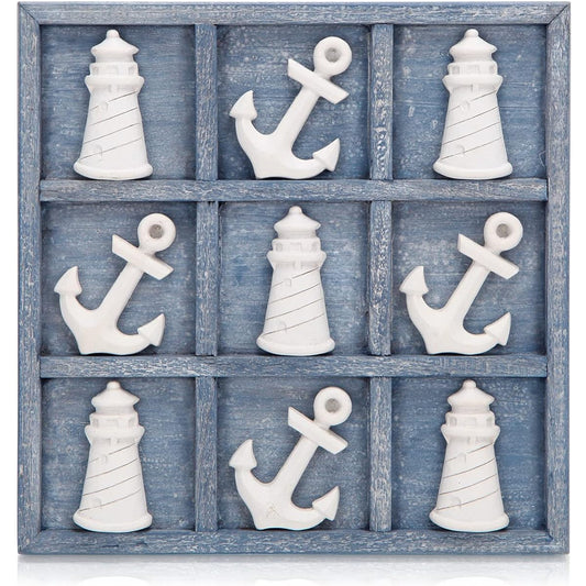 NIKKY HOME Beach Tic Tac Toe Wooden Game 5 Anchors & 5 Lighthouses Wooden Board Travel Game for Kids Family Coastal Home Coffee Table Decor Antique Blue