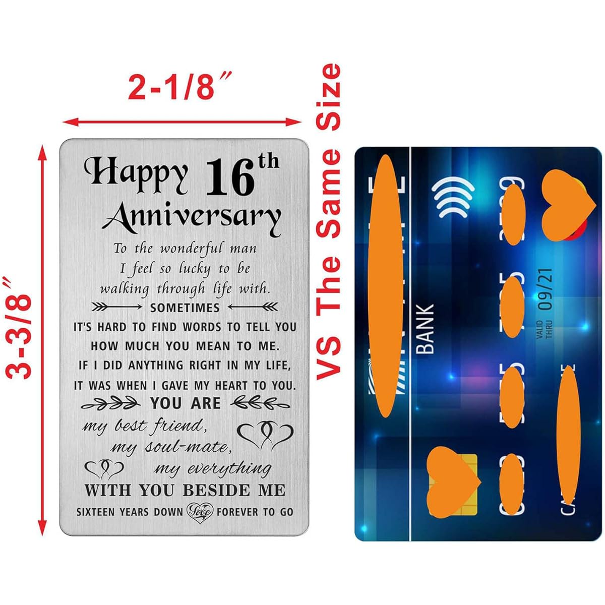 TANWIH 16th Anniversary Card for Husband - 16 Years Down Forever to Go - 16 Years Wedding Anniversary Card Gift for Men Engraved Metal Wallet Card