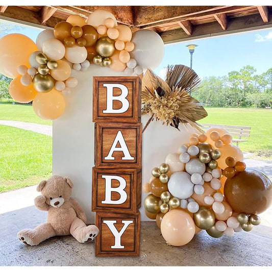 4pcs Teddy Bear Baby Shower Box Birthday Party Decorations Brown Wooden Baby Blocks with Letters We Can Bearly Wait Bear Centerpiece Decoration Party Backdrop