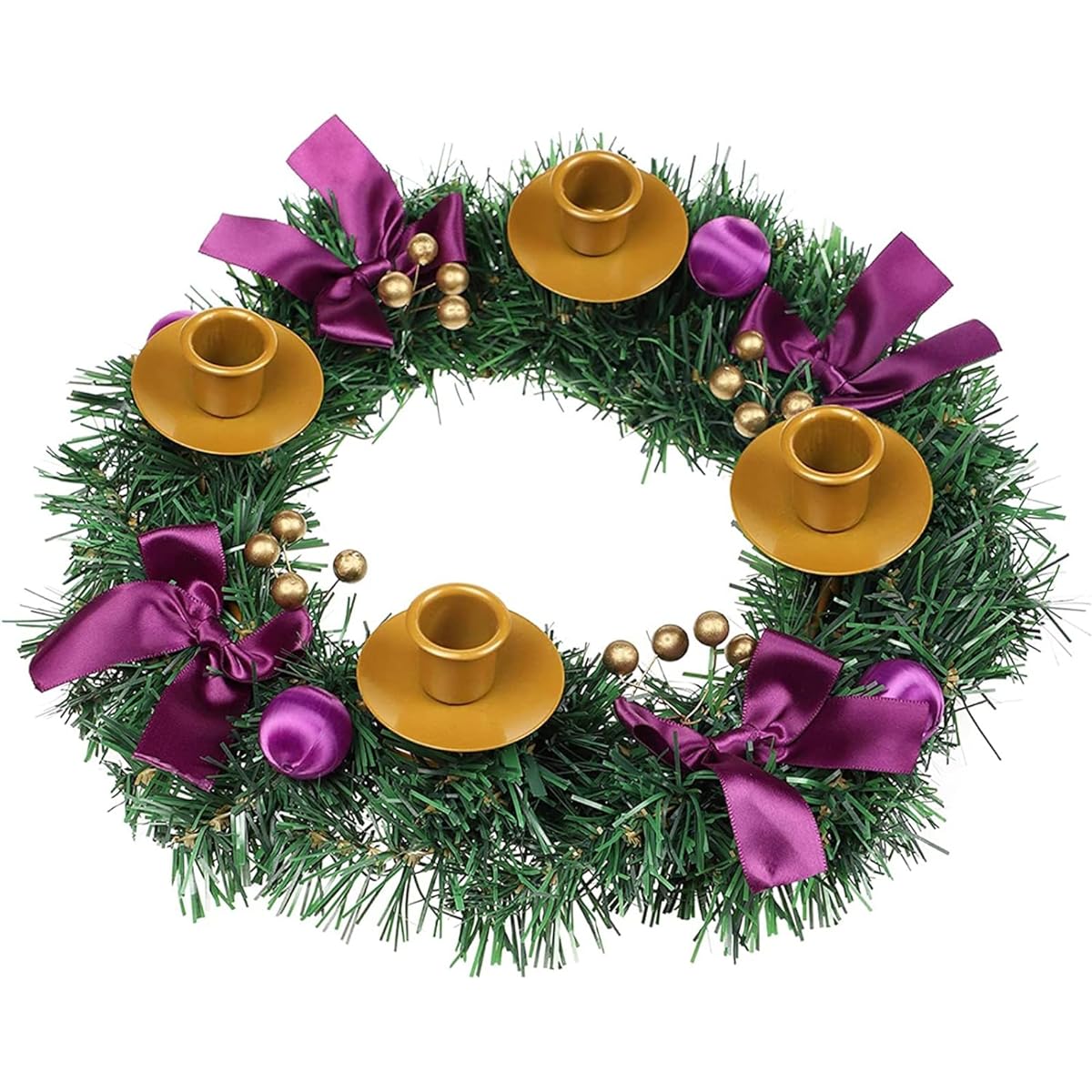 MorTime Christmas Advent Wreath, 14" Purple Ribbon Christmas Wreath Advent Ring Candle Holder Christmas Centerpiece Decoration with Glitter Berries Winter Holiday Home Decor