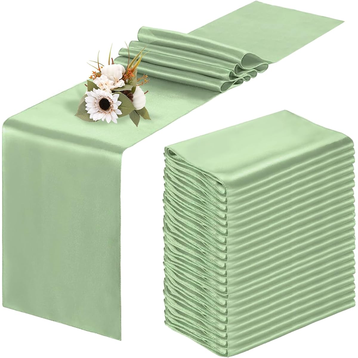 Whaline 24 Pack Sage Green Satin Table Runners 12 x 108 Inch Smooth Elegant Satin Table Runners for Party Birthday Wedding Reception Banquet Home Kitchen Chair Sash Decorations