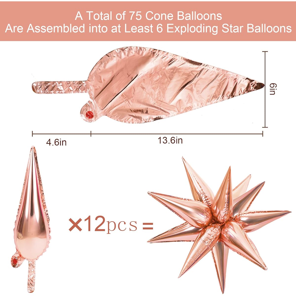 NOVWANG 75pcs Exploding Star Foil Balloons 12 Points Rose Gold Starburst Cone Mylar Balloon Party Supplies Christmas Birthday Wedding Baby Shower Photo Booth
