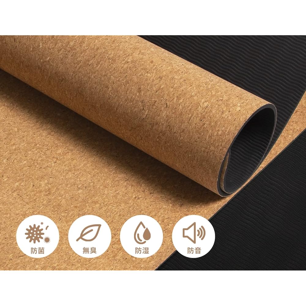 RITFIT Cork Yoga Mat, Natural Cork, Antibacterial and Odorless TPE, 5mm Thickness, Non-Slip, Lightweight, High Density, Soundproofing, Moistureproofing, Shock Absorption, Exercise Pilates Training Mat, Storage Strap + Poster Included