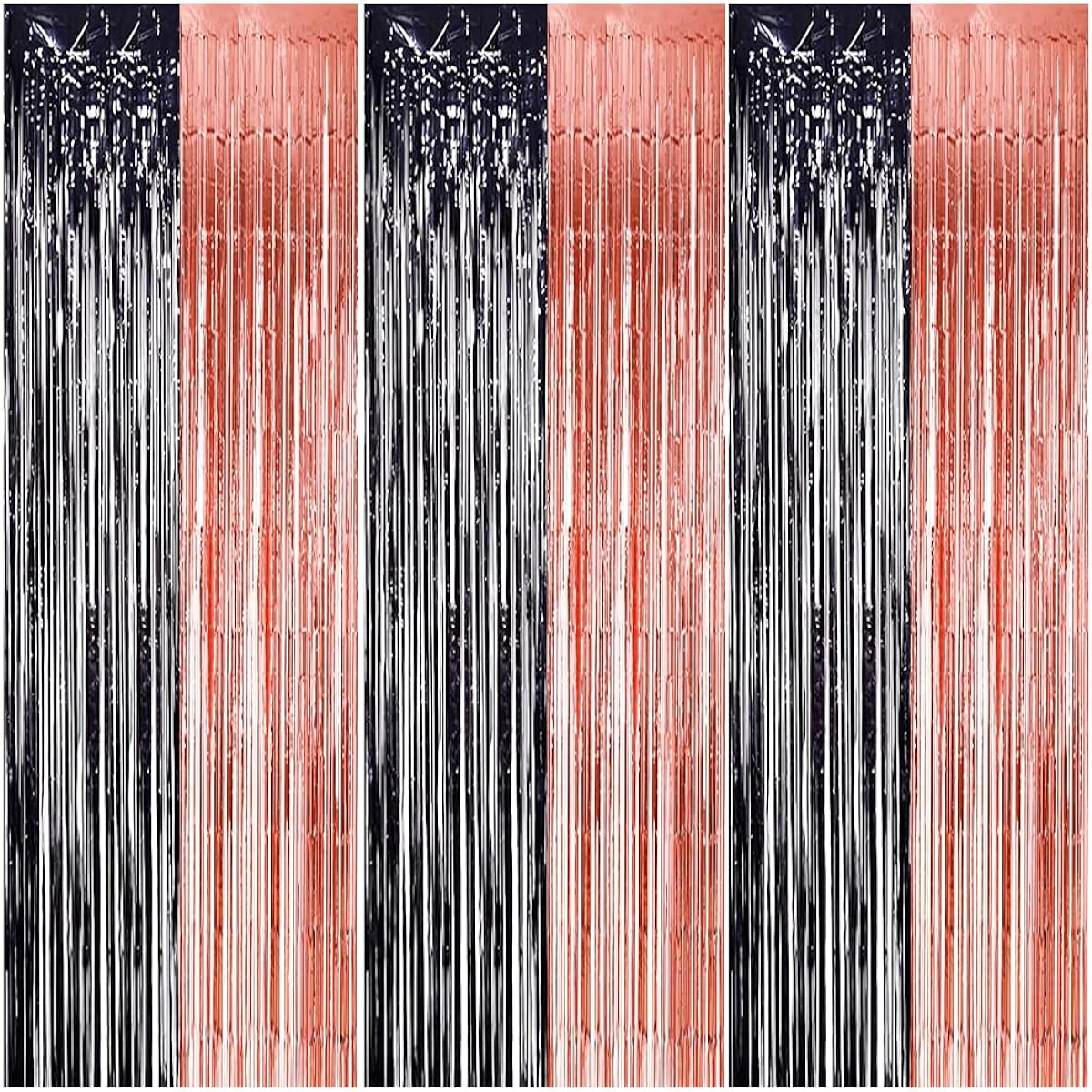 Birthday Decorations Rose Gold Black Foil Fringe Curtains, Photo Backdrop Party Supplies Birthday Graduation Wedding Bachelorette Party Decorations (3 Pack)