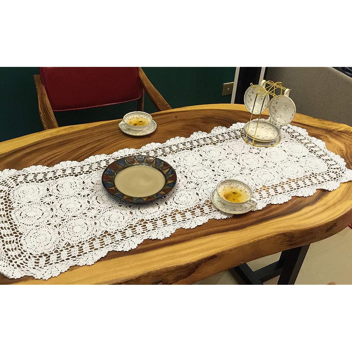 Janef Beige White Handmade Crochet Cotton Table Runner Lace Doily Rectangle Dresser Scarf 20 x 24-47 inches. 20 by 35 Inch White