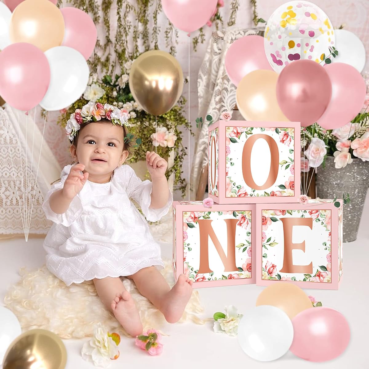 Levfla 1pc Rose Gold Floral Balloon Box Spring Party Decorations Baby First Birthday Backdrop Blocks Pink Flowers Photo Centerpiece 1st Year Anniversary Celebration Keepsake Ideas