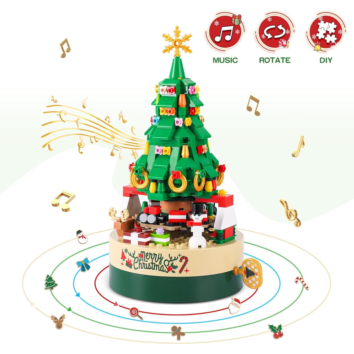 AOKESI Christmas Tree Building Kit for Kids & Family - Christmas Building Bricks Music Box Creative Christmas Building Gift Toys for Boys & Girls and Adults(373 Pieces)