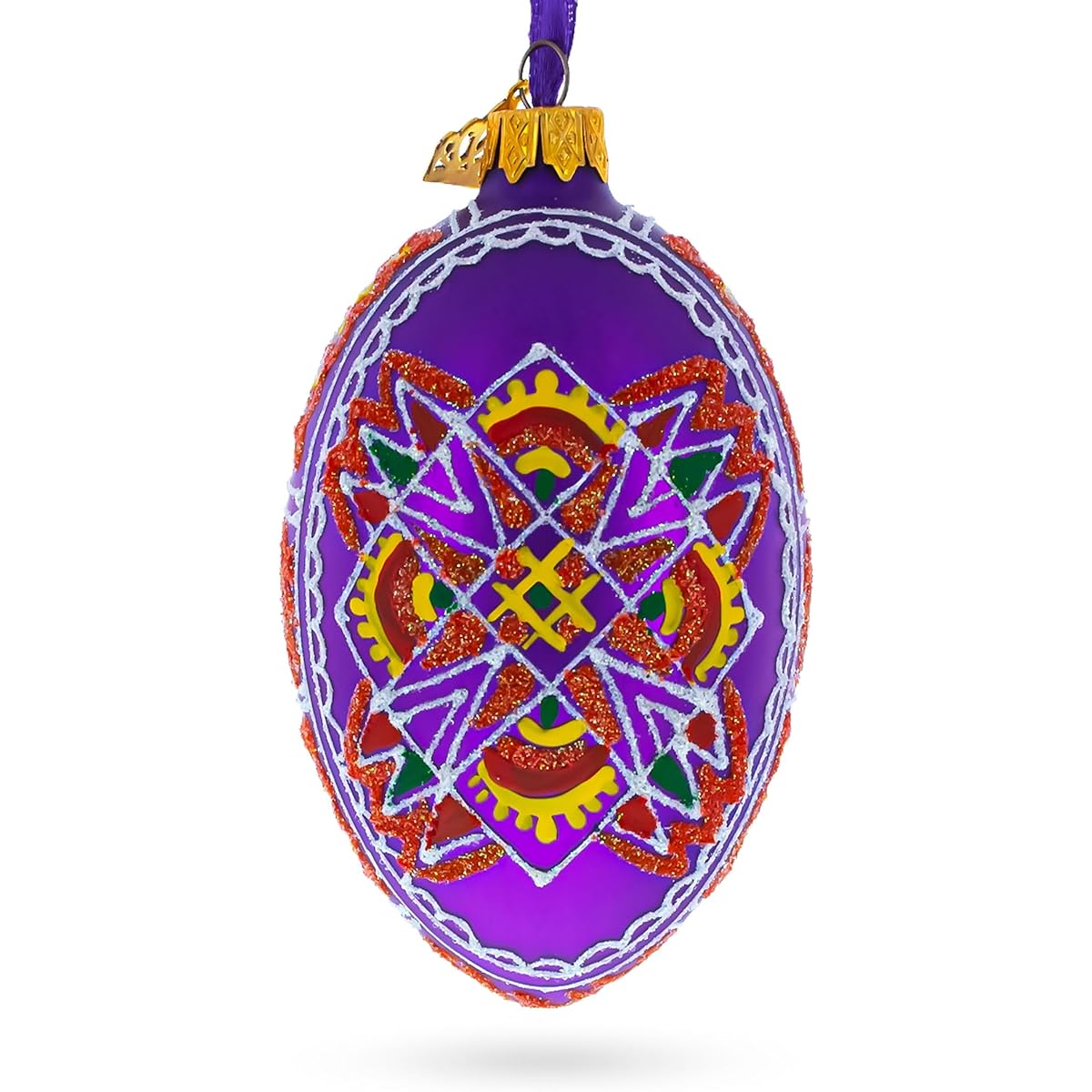 Purple Geometric Ukrainian Egg Glass Christmas Ornament 4"