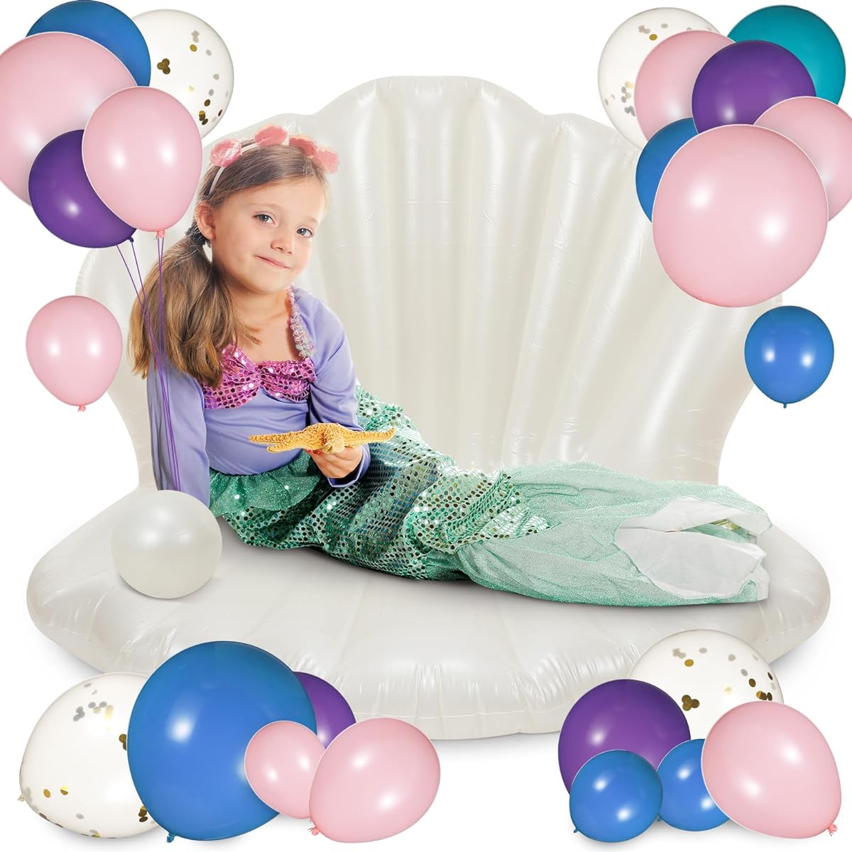 Syhood Mermaid Party Decorations 50pcs Inflatable Seashell Pool Floats Giant Seashells Air-Filled Toys Floats Raft Chair Ride On Floats with 1 Pearl Ball and 48 Mermaid Balloons for Summer Beach Birthday
