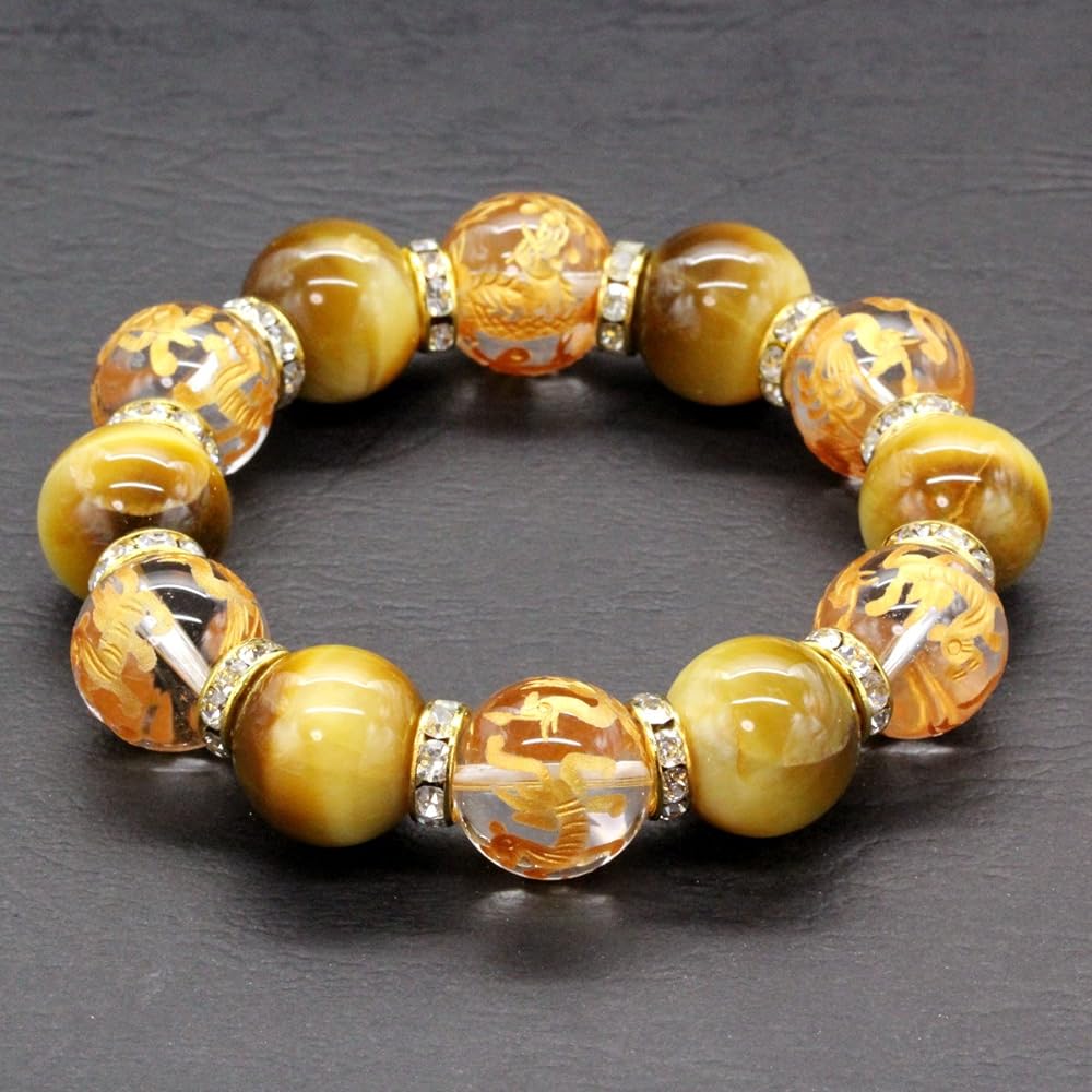Sekihui 4A Mala Beads Golden Tiger Eye 16mm Four Gods Crystal Bracelet with Paulownia Box Money Luck, Work Luck, Financial Luck [b062]