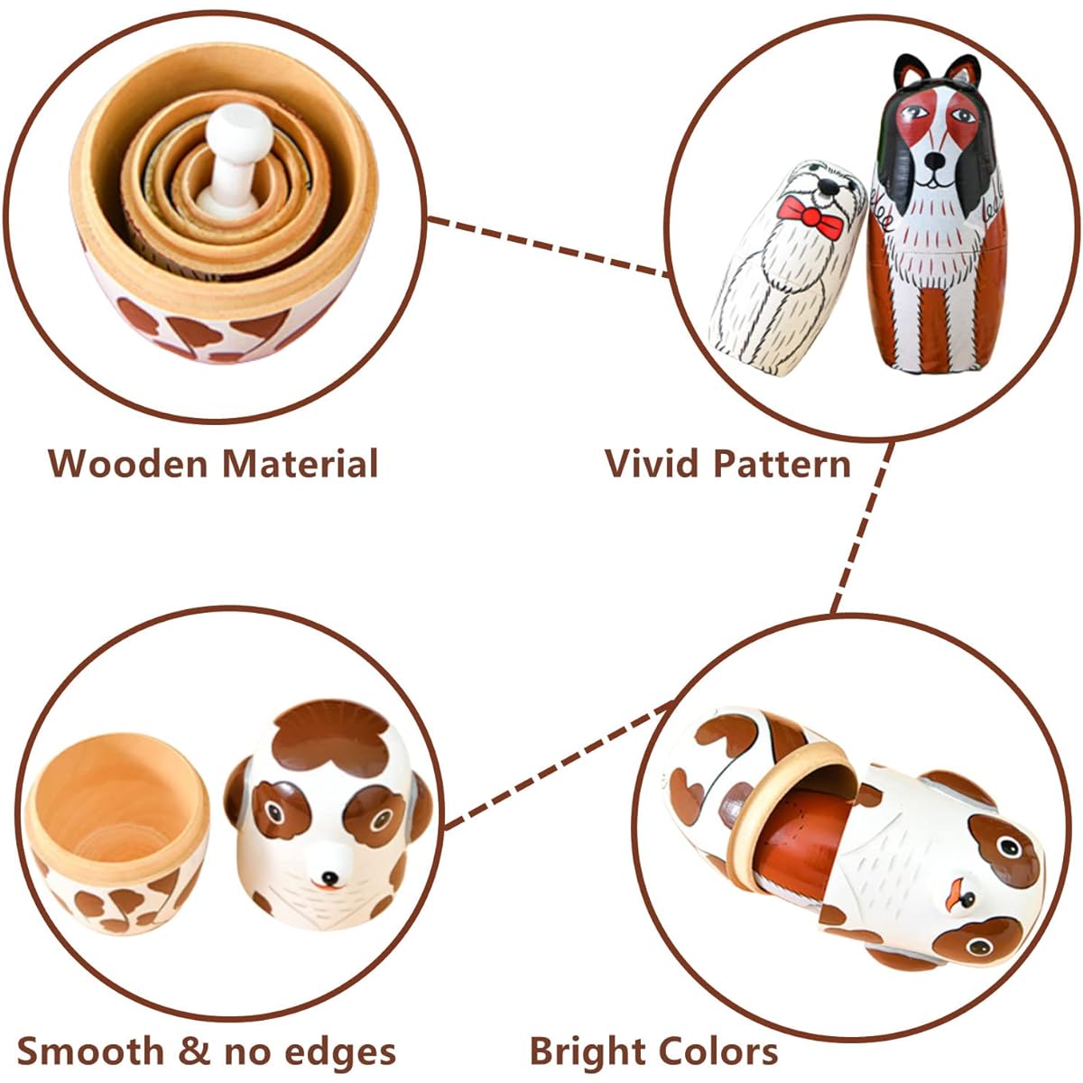 Russian Nesting Dolls Matryoshka Wooden Stacking Nest Set Handmade Toys, Cute Cartoon Spotted Dog Pattern Nesting Dolls for Collection Dolls Home Room Decoration (5 Spotted Dogs/Set)