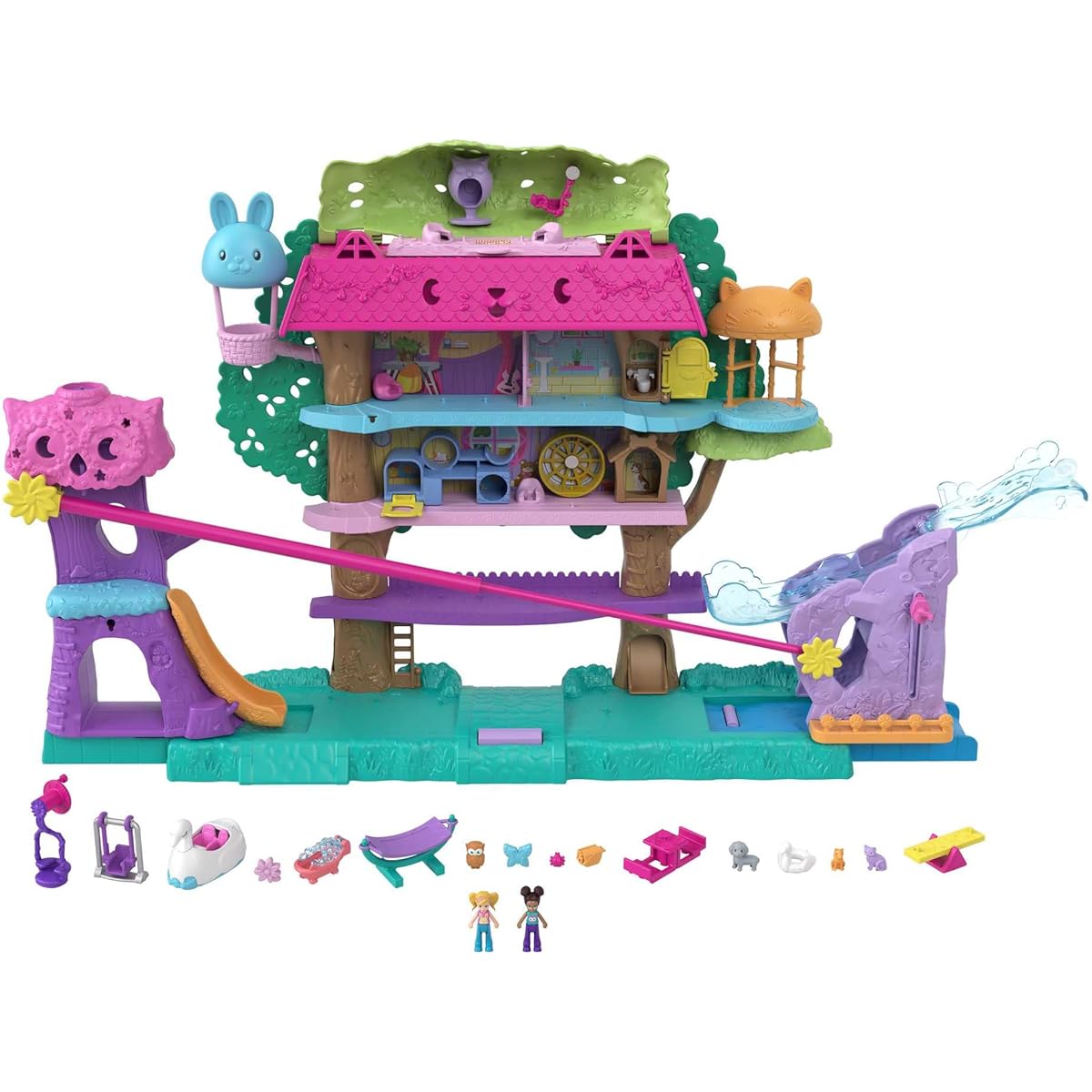Polly Pocket HJJ98 - Pollyville Animal Party Tree House, 5 floors, over 15+ play pieces: 2 dolls, vehicle, 4 animals and more, toy gift for children from 4 years