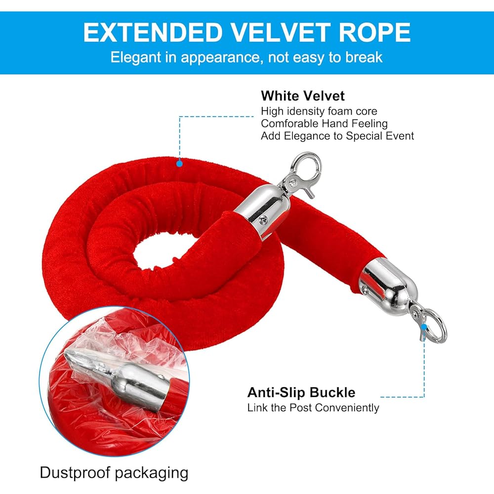 PATIKIL 3.3ft Red Velvet Stanchion Rope 2 Pack Crowd Control Barrier Rope with Snap Hook Post Stand Cue Divider for Hotel Theater Silver