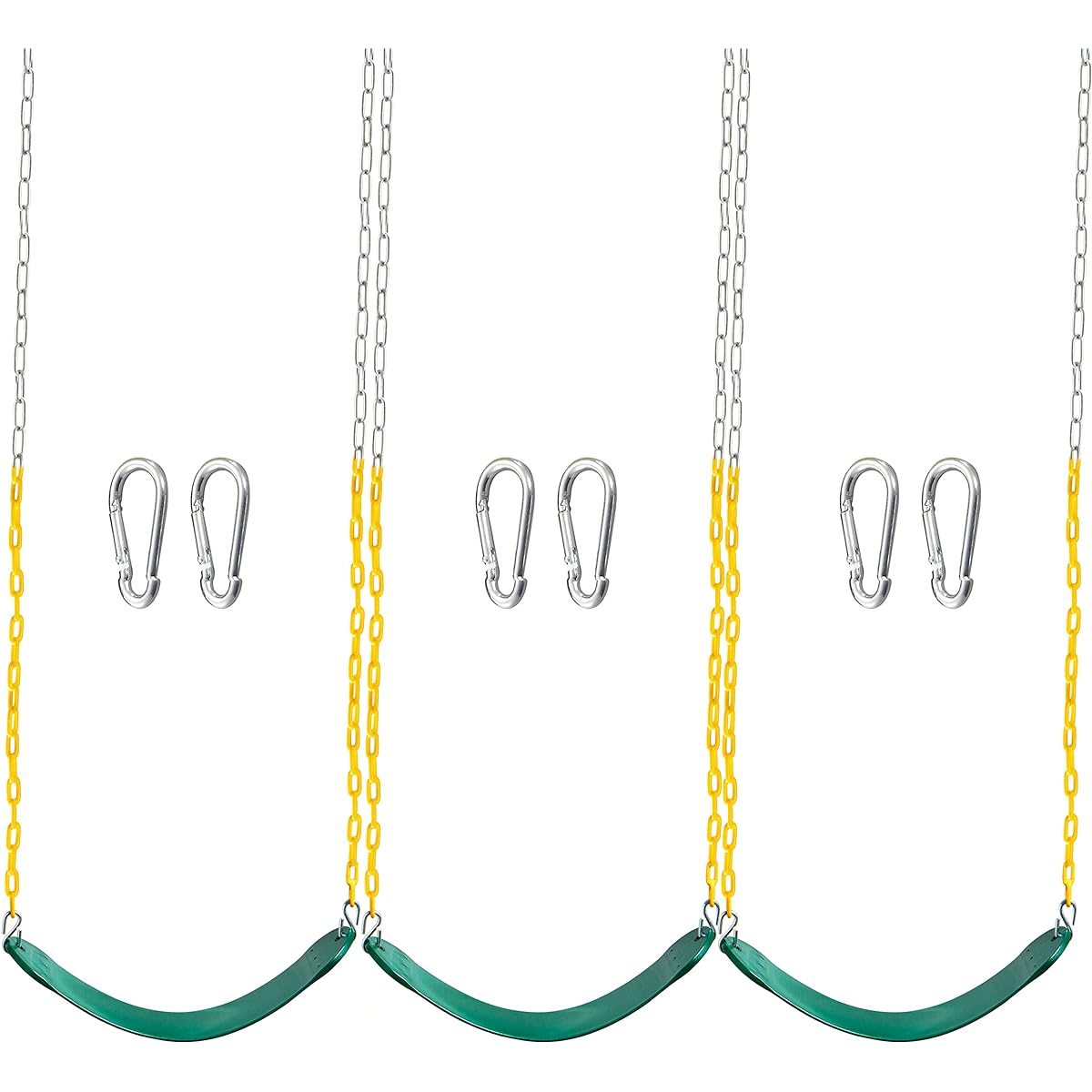 TURFEE 3 Pack Green Swing Seats Heavy Duty with 66" Chain, Swing Set Accessories Replacement with Snap Hooks for Kids Outdoor Play Playground, Trees, Swing Set, Backyard (Limit 250lb)