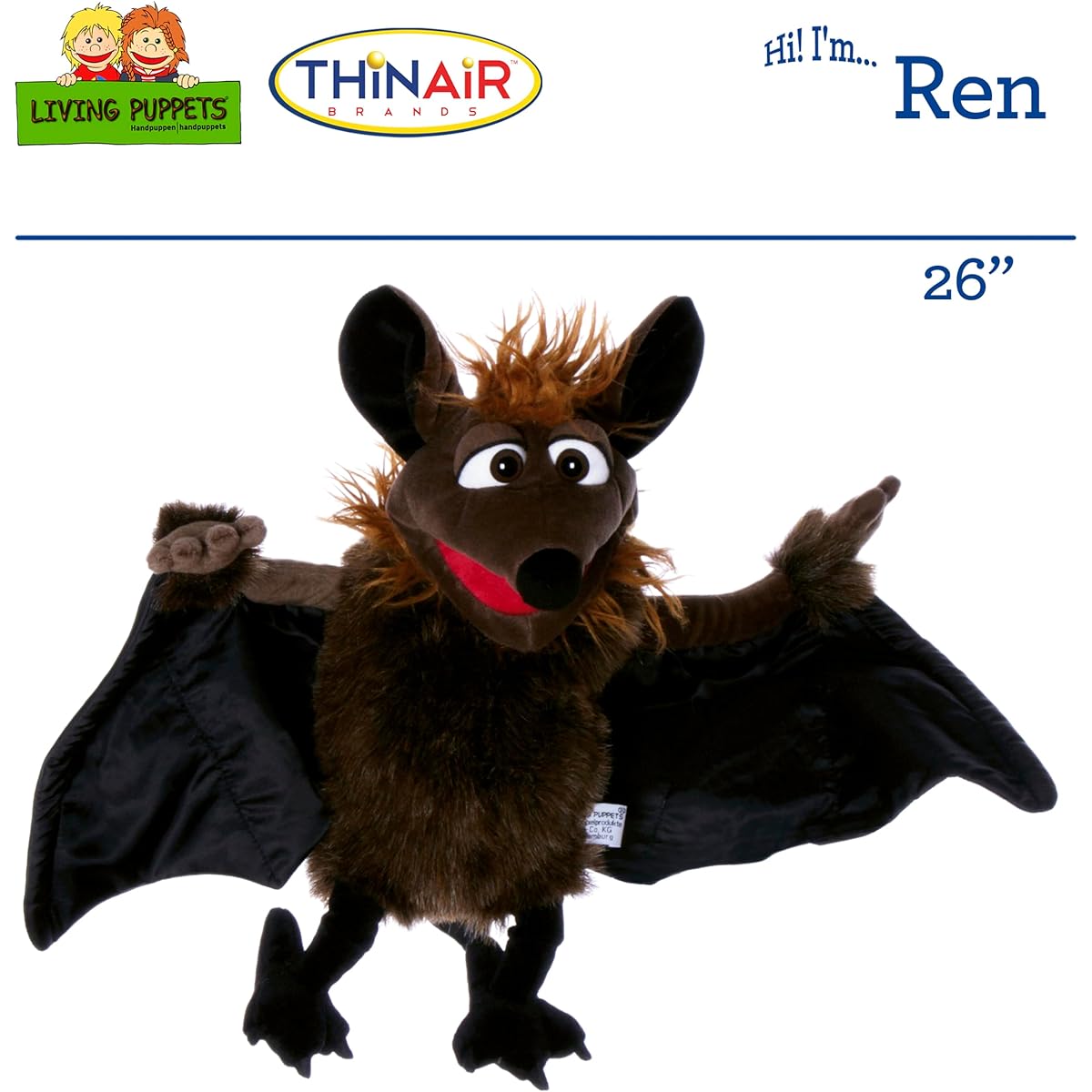 Living Puppets - Ren The 26" Flying Bat Plush Hand Puppet for Boys and Girls