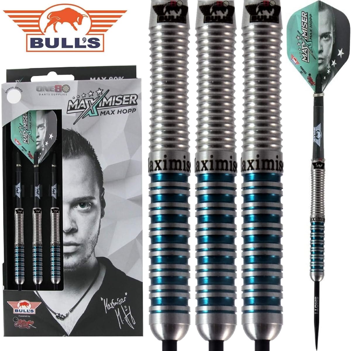 Max 'Maximiser' HOPP Steel Tip Darts with 80% Tungsten Barrels. 24gm