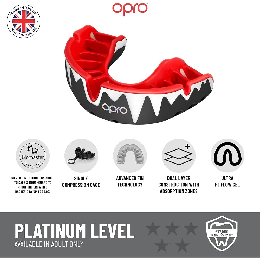 OPRO Mouthguard [Self-Fit/Platinum Level] Sports Mouthpiece Made in England [Official Store] (For Adults, Fangz/Black, White & Red)