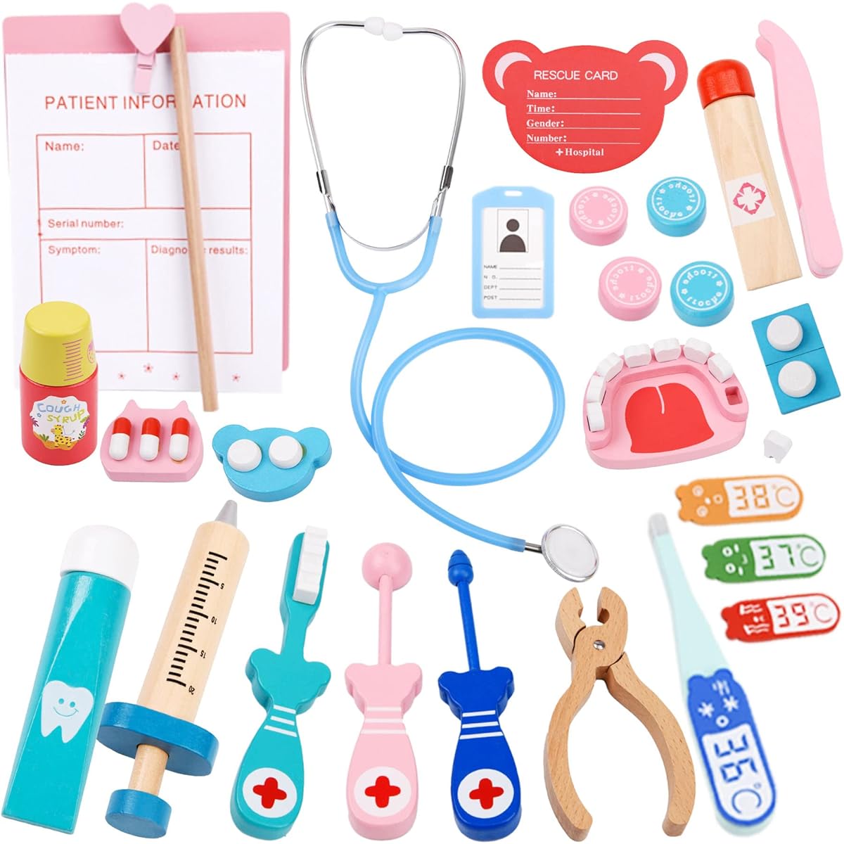 Wooden Doctor Kit for Kids, 23 Pieces Pretend Play Dentist Medical Toy Set with Stethoscope Kit, Doctor Set Toys for Toddlers, Boys and Girls, Ages 3+