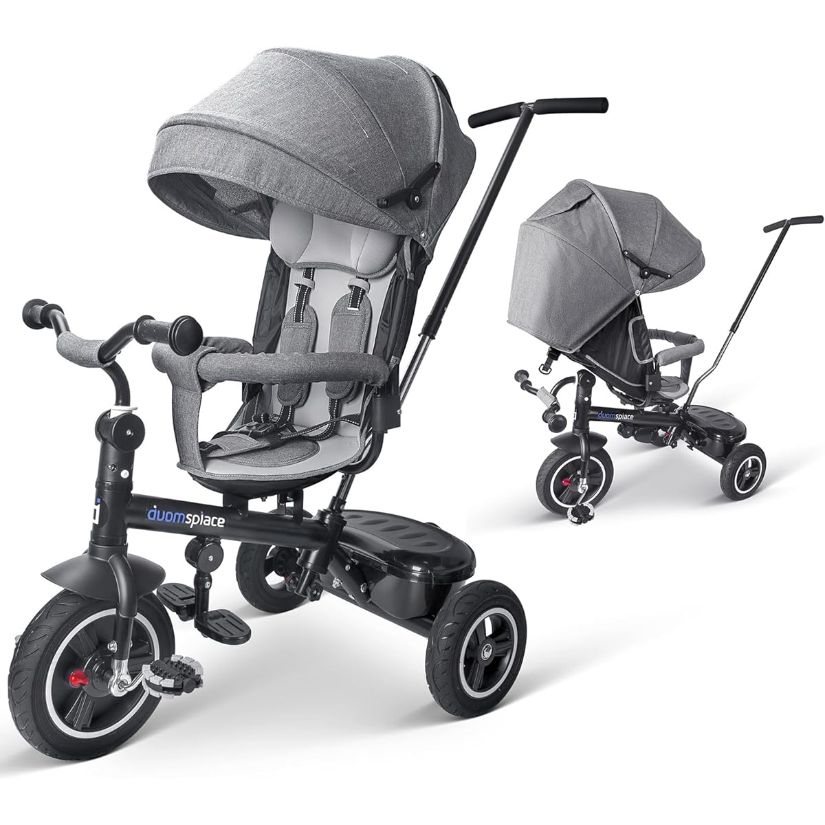 Duomspiace Children's Tricycle 4in1 Stroller Push Rod Riding Toy Vehicle Baby Gift 1-6 Years Old (Gray)