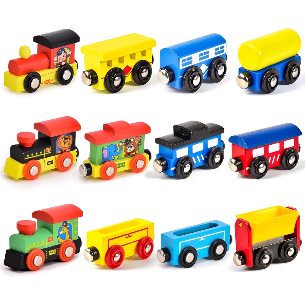 Atoylink 12pcs Wooden Train Set for Toddlers Magnetic Train Toys with 3 Engines Vehicles Toy Train Cars Compatible with Train Tracks Gift for Boys/Girls