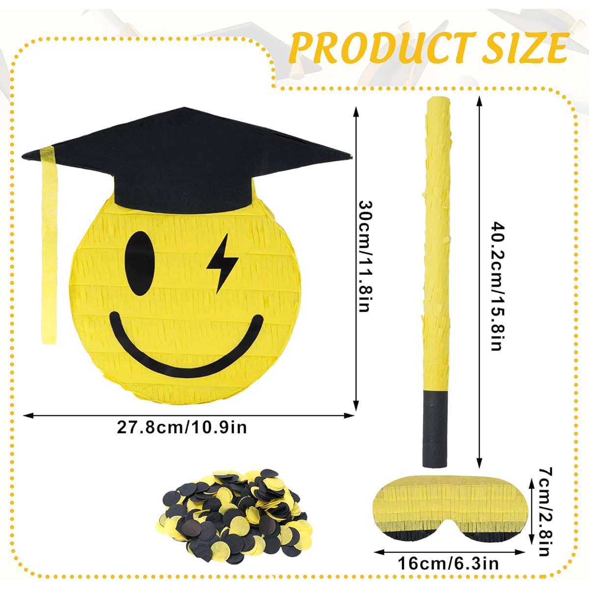 Whaline Graduation Pinata Set with Stick, Blindfold, Confetti, Black and Gold Graduation Cap Pinata for College School Primary School Preschool Party Game Supplies 11.8 x 10.9 Inch