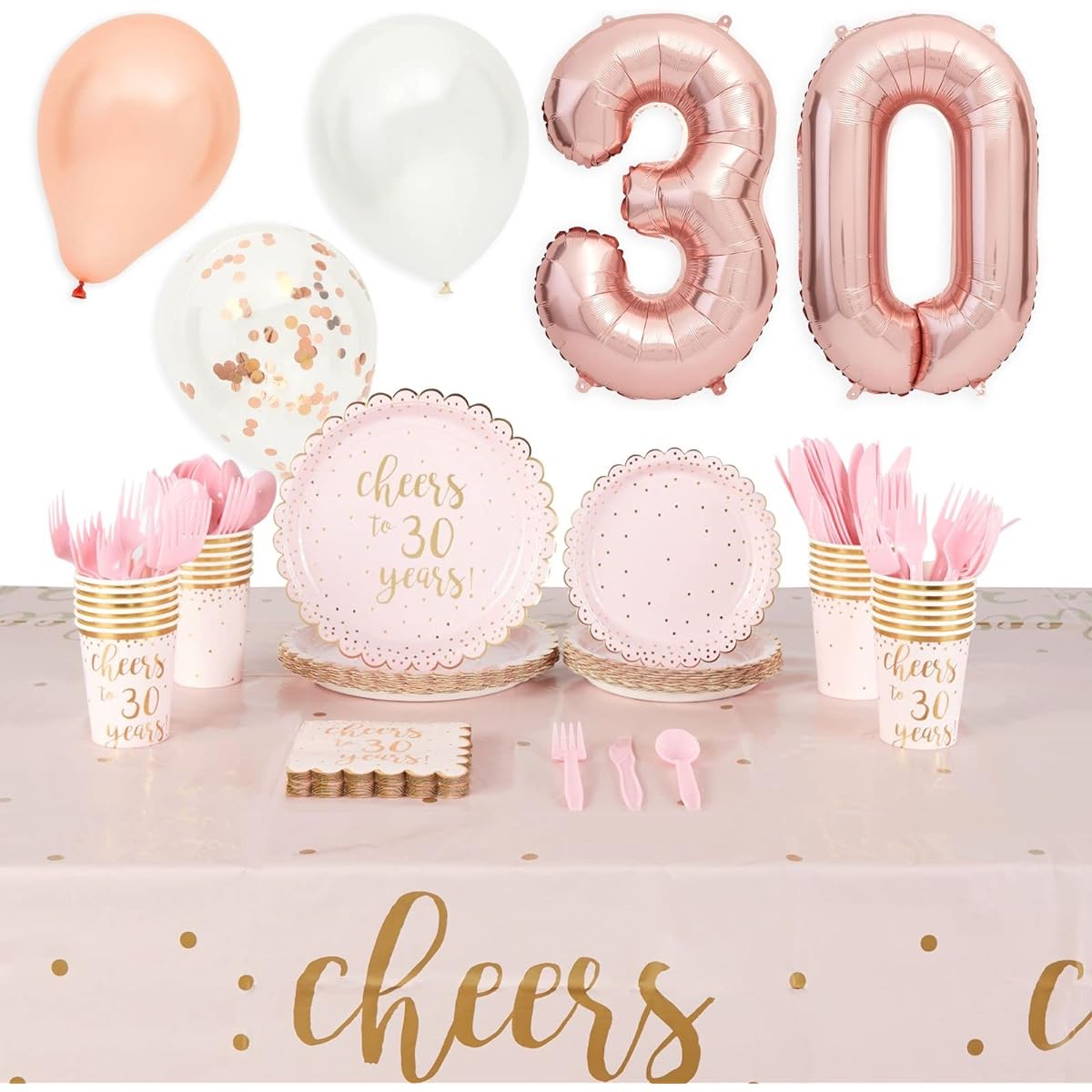 Cheers to 30 Years Birthday Decorations Paper Plates Napkins Cups Cutlery Tablecloth Balloons (197 Pieces for 24 People)