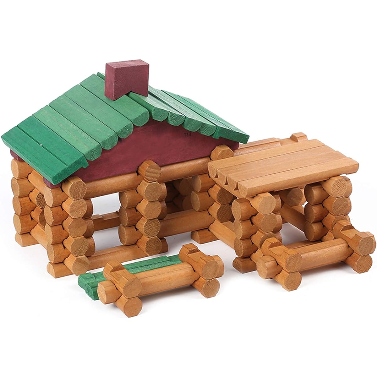 Wondertoys 90 Piece Classic Wooden Cabin Log Set, Building Log Toys for Kids, Farmhouse Construction Educational Toys for Ages 3, 4, 5, 6