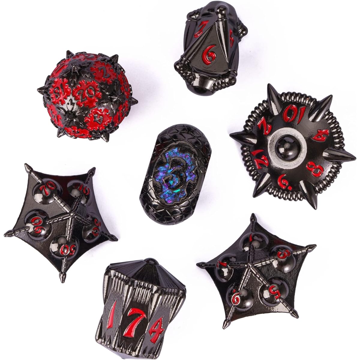 UDIXI Metal DND Dice Set, Set of 7 Polyhedral D&D Dice, Dragon D and D Dice for Dungeons and Dragons Role Playing Games and Other Tabletop Games (Black Red)