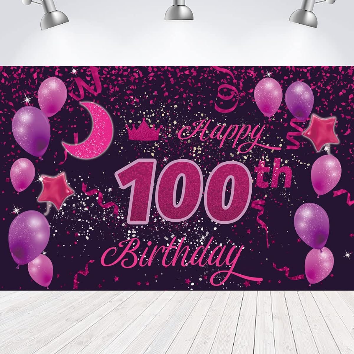 Sweet Happy 100th Birthday Backdrop Banner Poster 100th Birthday Party Decorations 100th Birthday Party Supplies 100th Photo Backdrop for Girls Boys Women Men - Pink Purple 72.8 x 43.3 inches
