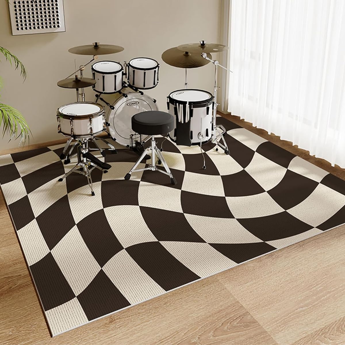 Piano Rug, Checkered Pattern, 7mm Thick, Checkered Rug, Electronic Drum Kit, Soundproof Carpet, Upright Piano, Wool, Large, 160cm x 180cm, Anti-Slip, Scratch-Resistant, Shock Absorbing, Quiet, Sound Absorbing, Stylish, Modern, Percussion, Flooring