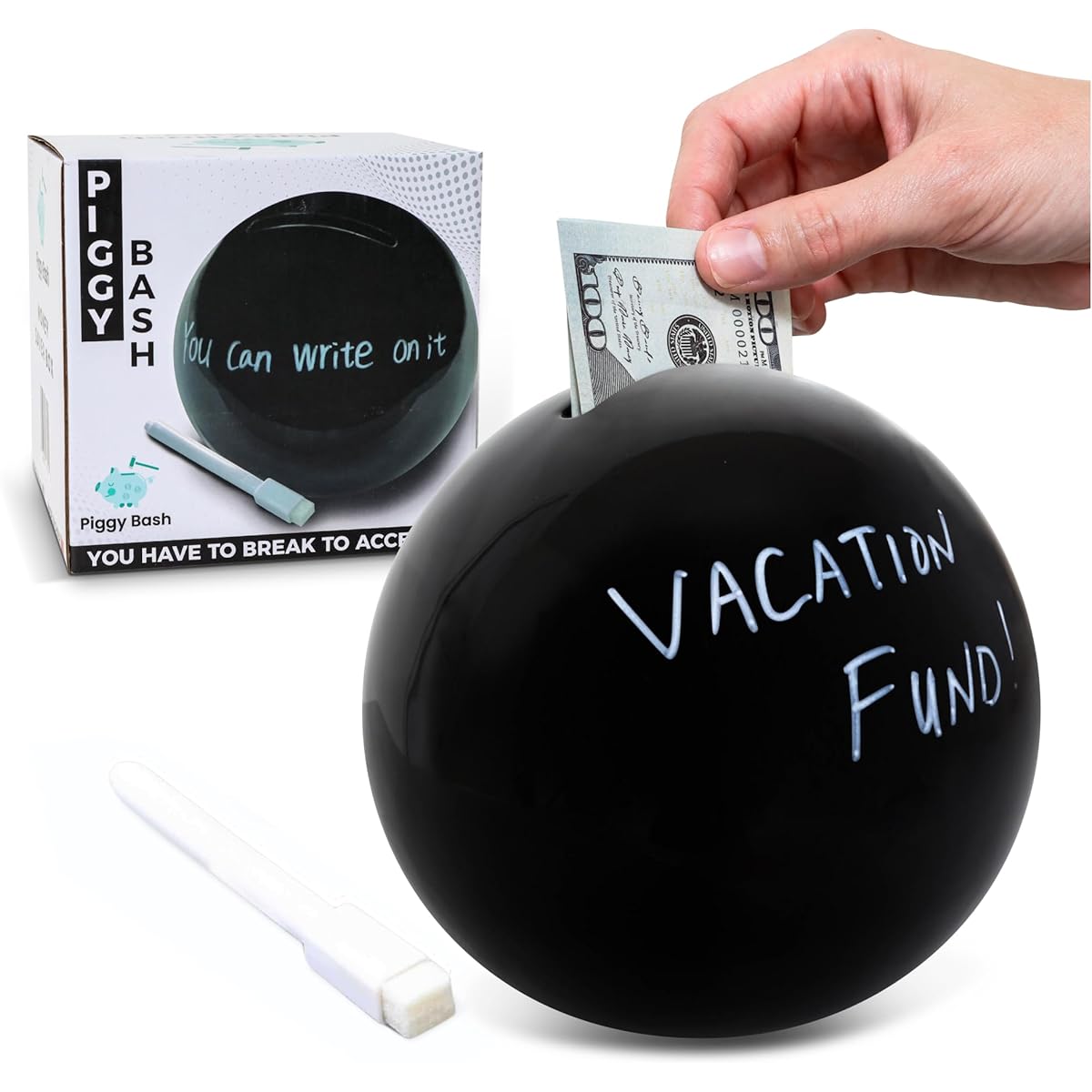 Piggy Bash Break to Open Piggy Bank for Adults and Kids - A Must-Have to Access Your Money - Dry Erase Marker Customized Piggy Bank Cash and Coin Bank with 1 Opening (Black, Medium)