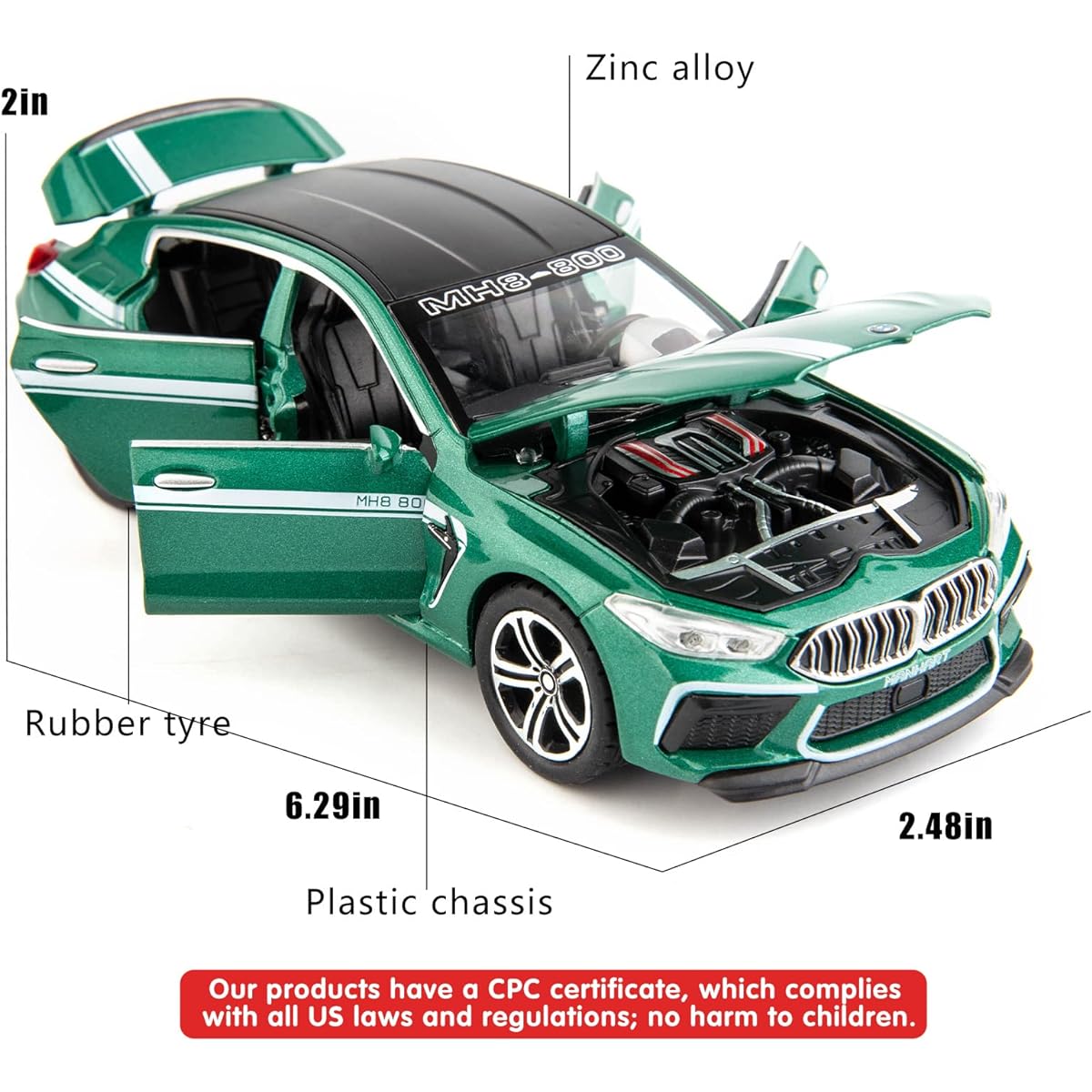 BDTCTK 1:32 BMW M8 Model Car Toy, Zinc Alloy Pull Back Toy Car with Sound and Lights for Children Boys Girls Gift (Green)
