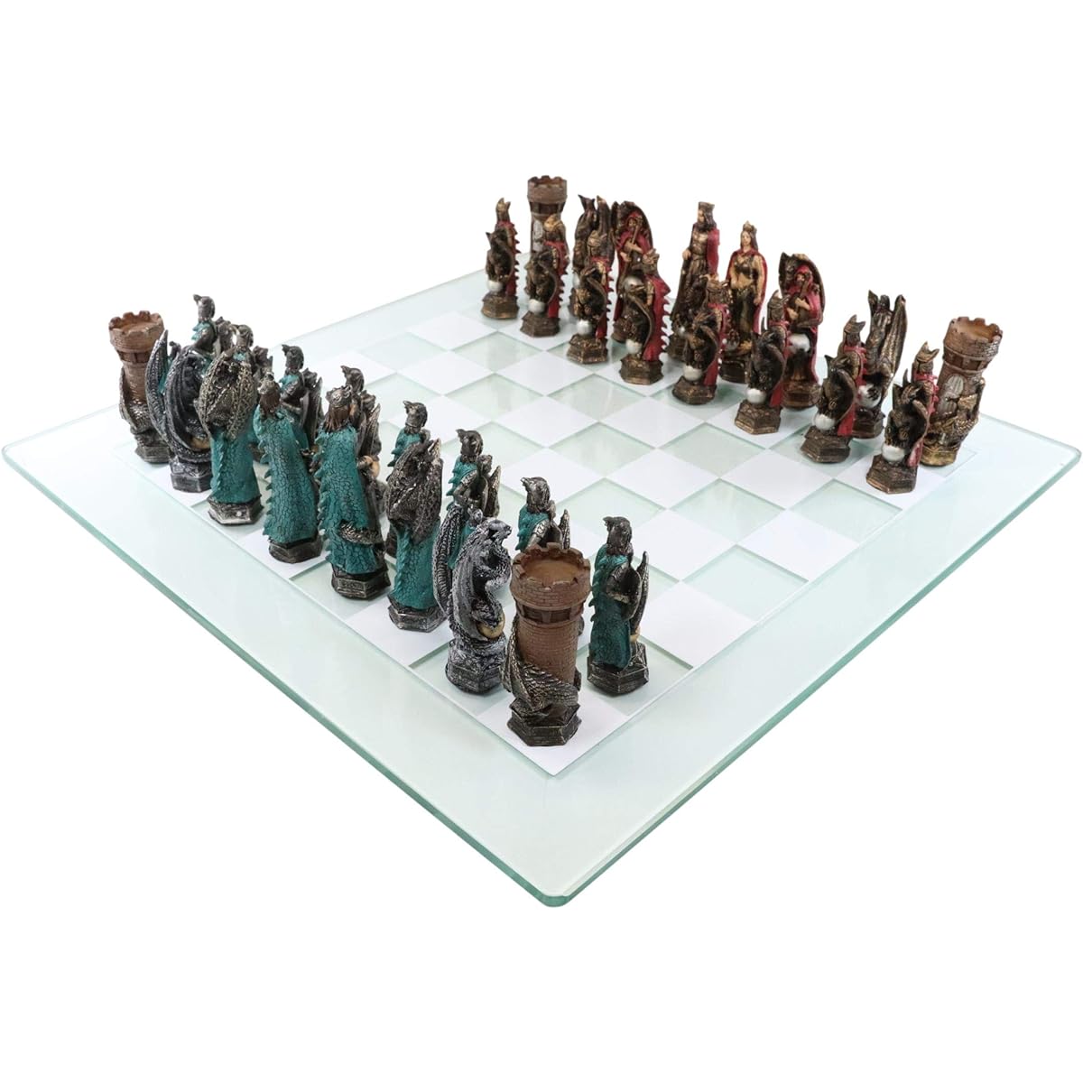 Ebros Gift Colorful Hand Painted Legends of Medieval Kings Arthur Merlin Wizards and Dragons Resin Chess Pieces 15" x 15" Checkered Frosted Clear Glass Board Set Game Board