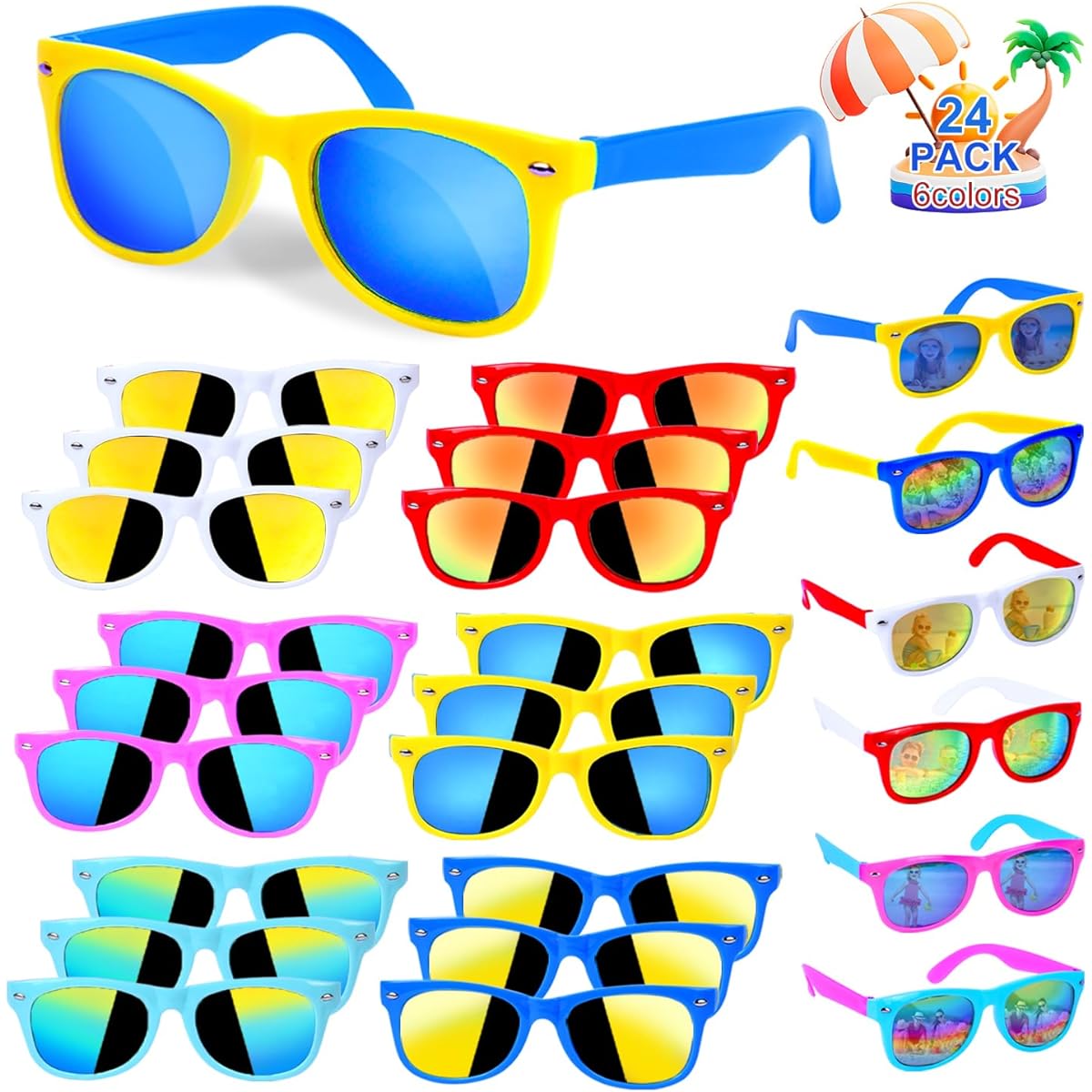 Sunglasses for Kids Bulk 24 Pack Sunglasses Kids Party Favors Ages 4-8-12 Multicolor Neon Sunglasses UV400 Protection Pool Party Toys Goodie Bag Stuffers Summer Toys for Boys and Girls