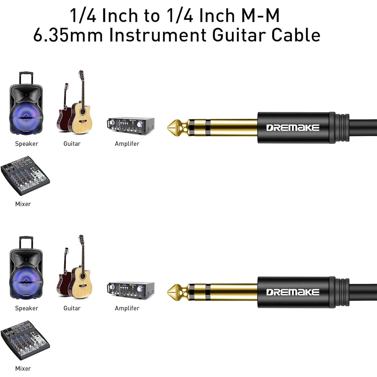 DREMAKE 1/4" Male TRS to 6.35mm 1/4" Male TRS Audio Patch Cord, 1/4" TRS Instrument Cable for Guitar, Keyboard.