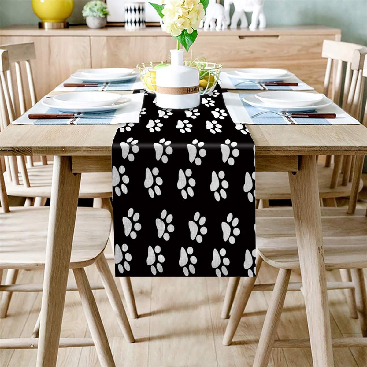 IDOWMAT Linen Burlap Table Runner Dresser Scarf Black and White Dog Paws Kitchen Table Runner for Farmhouse Dinners Holiday Parties Weddings Events Decorations 13 By 70 Inch