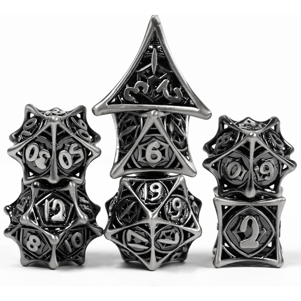 UDIXI Metal DND Dice Set - Metal Dice Hollow Spider Web for Role Playing Games, Set of 7 Polyhedral Dice for Dungeons & Dragons, MTG, Pathfinder, Tabletop Games, RPG Dice (Ancient Silver)