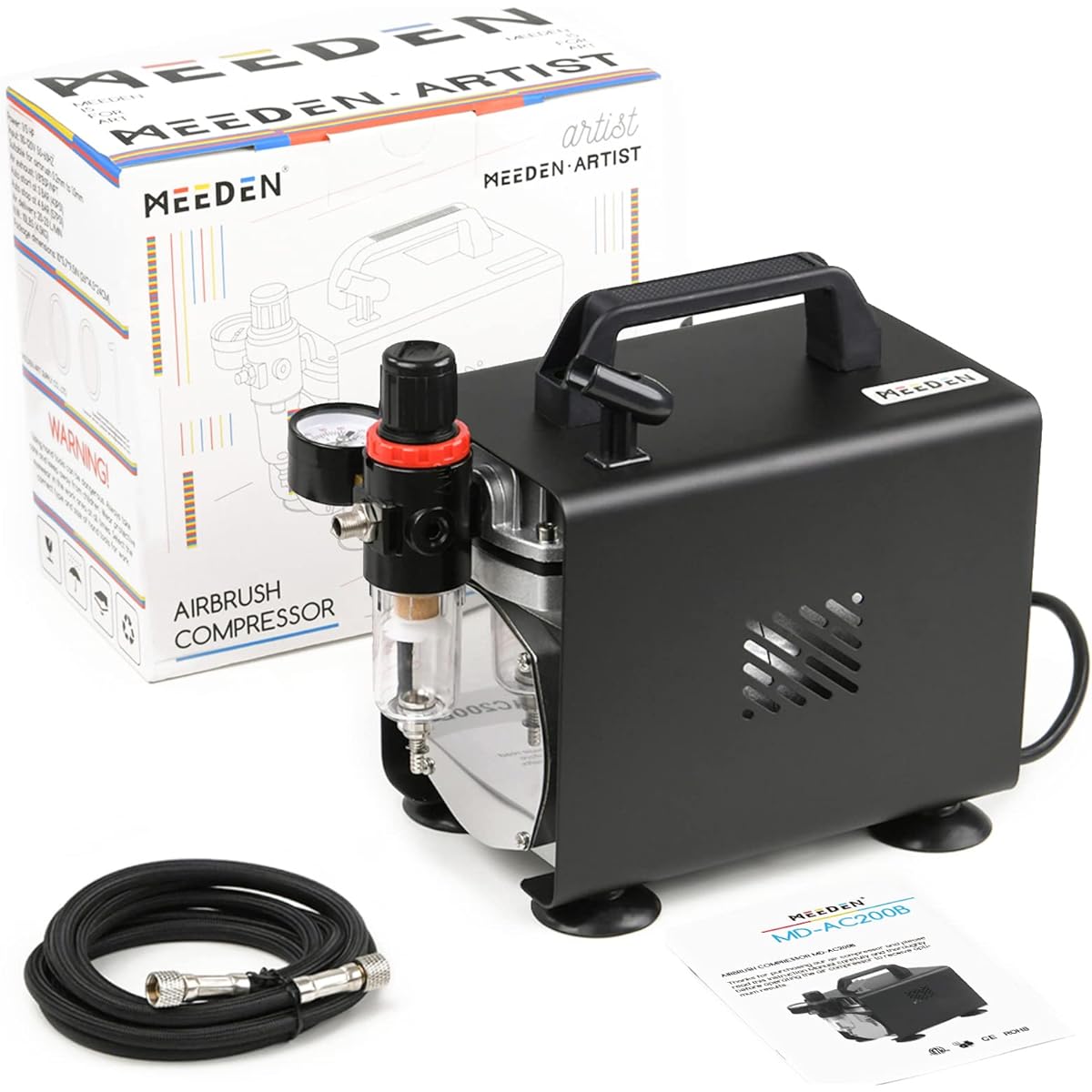 MEEDEN Airbrush 1/5 HP Auto Stop Airbrush Compressor - Professional Single Piston Thermal Protection Low Running Noise 47db - Regulator Water Trap Holder 1/8 Air Hose