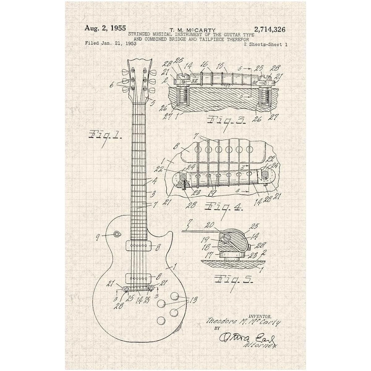 Poster Foundry Electric Guitar 1955 Official Patent Drawing Stretched Canvas Wall Art 16x24 Inch