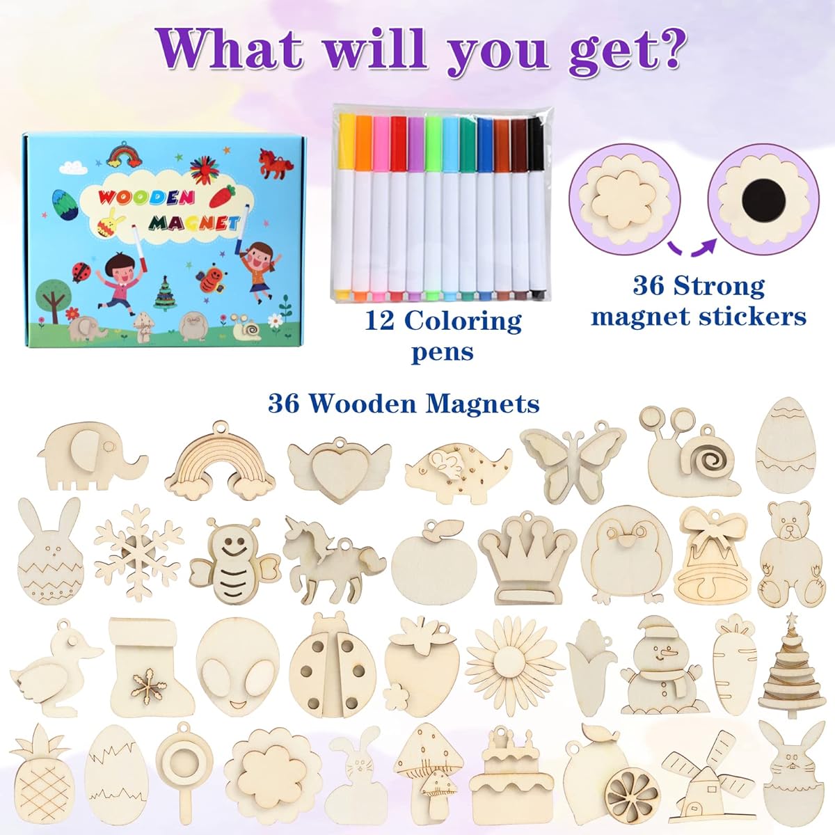 DIY Wooden Magnets, 36 Pieces Wooden Art Crafts for Kids, Art & Craft Supplies, Party, Birthday Gifts, Ages 4-8, 8-12, Easter Crafts