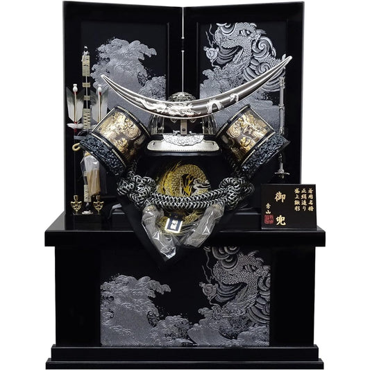 Wearing helmet, May doll, storage, Date Masamune, 25-size bronze wearing helmet (pure silk lacing, raised engraving), width 60 cm, gold-painted silver dragon storage decoration, silver sword, helmet decoration, compact